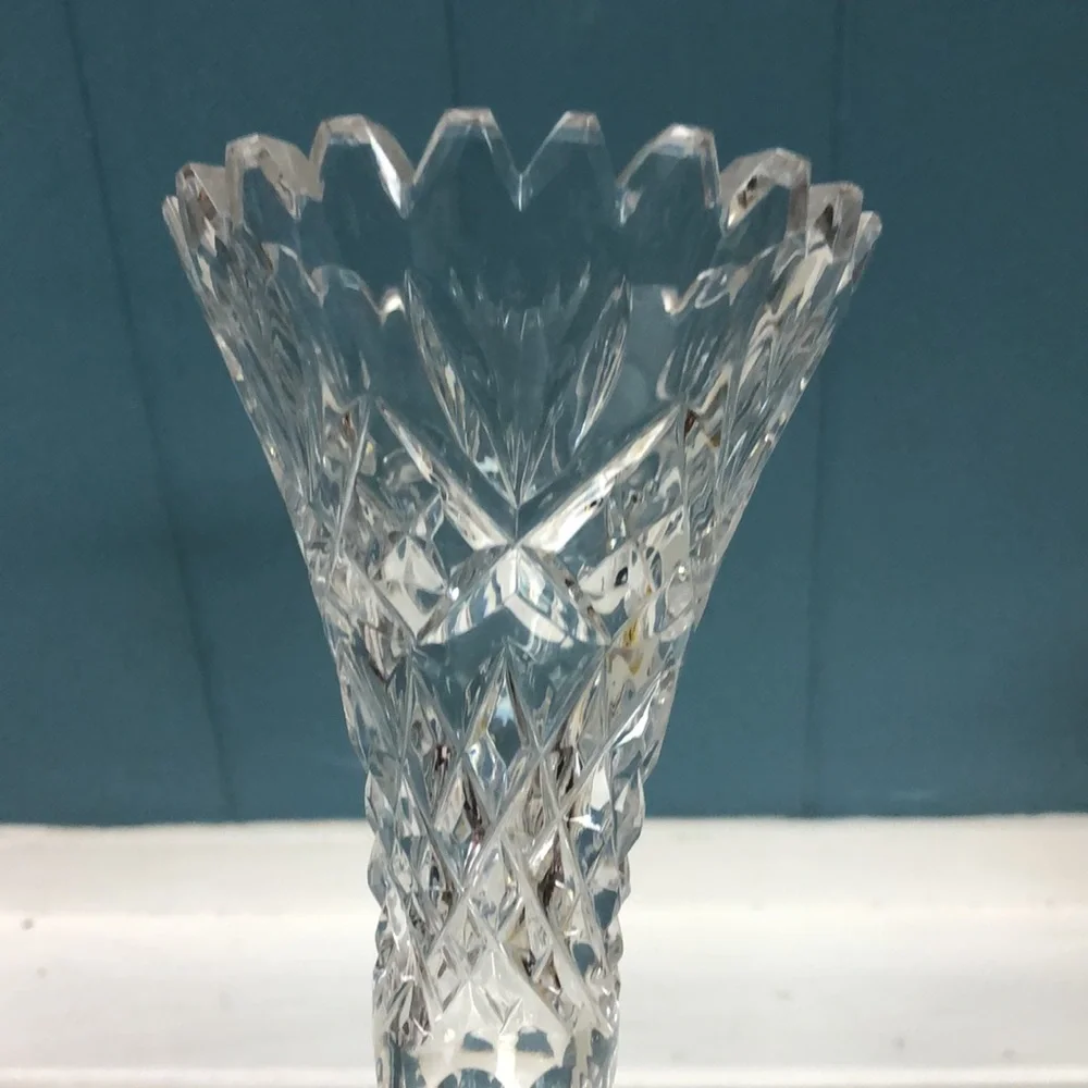 Vtg Footed Clear Glass Bud Vase Vintage Star of David Starburst Pinwheel 8”x3.5” - Picture 7 of 9